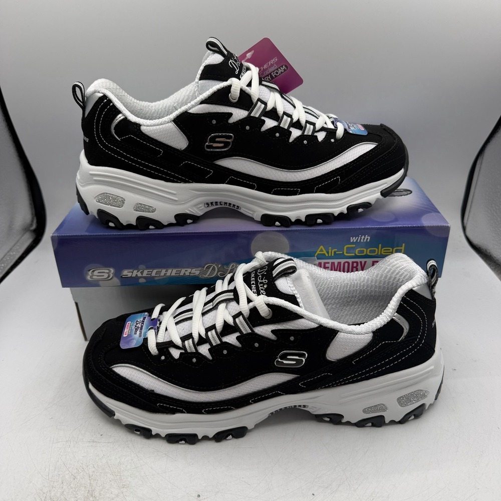 Skechers D'Lites Biggest Fan Shoes Womens 9.5 EW WIDE FIT Black/White Sneakers